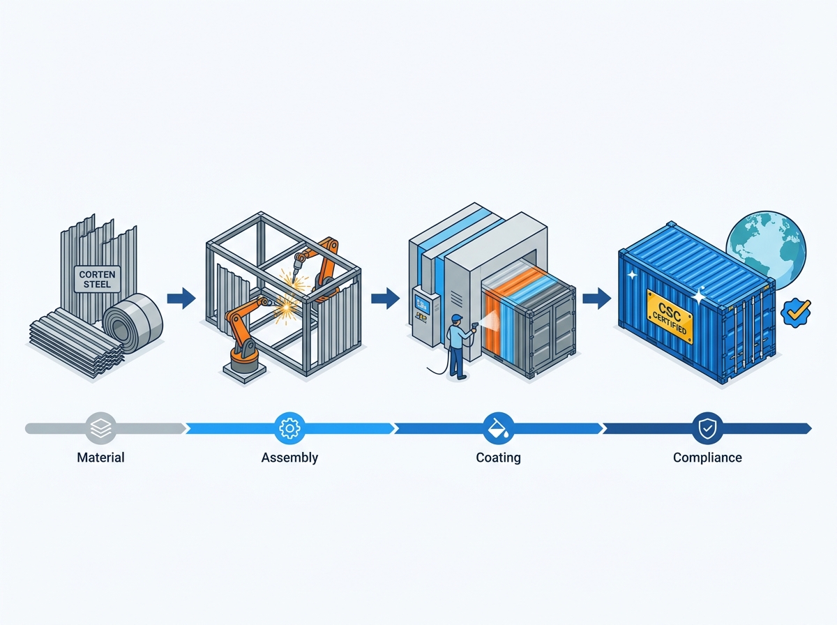 Shipping container manufacturing process and assembly line