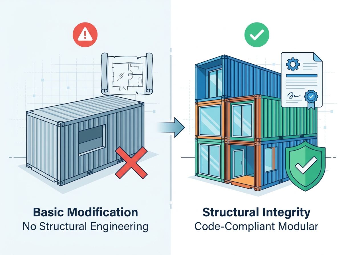 Commercial shipping container manufacturer facility working on modular units